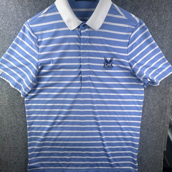 Ralph Lauren RLX Short Sleeve Polo Blue White Striped Medium VALHALLA 2014 - Picture 1 of 11